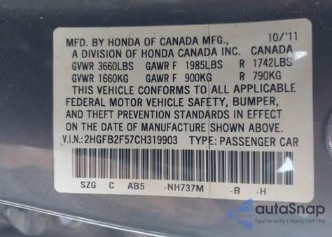 2012 Honda Civic Lx из США, поврежденный, VIN 2HGFB2F57CH319903